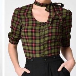 Voodoo Vixen XL Red & Green plaid Pussy Bow top